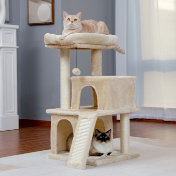 Cat Tree Luxury 34 Inches Cat Tower with Double Condos, Spacious Perch, Fully Wrapped Scratching Sisal Posts and Replaceable Dangling Balls Beige
