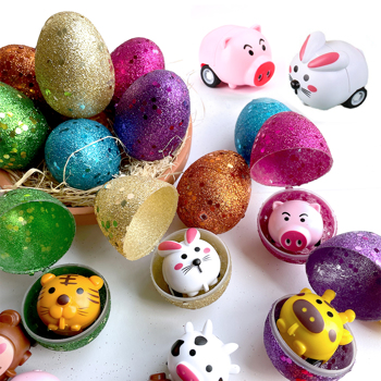 Prefilled Easter Eggs with Toys Inside, Glittered Pre Filled Plastic Easter Eggs with Animal Pull-Back Cars Easter Egg Fillers, Toddler Easter Basket Stuffers Bulk