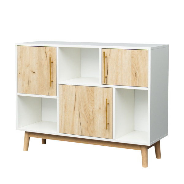 Multi-purpose storage cabinet with display stand and door, entrance channel, modern buffet or kitchen sideboard, TV cabinet, white and oak