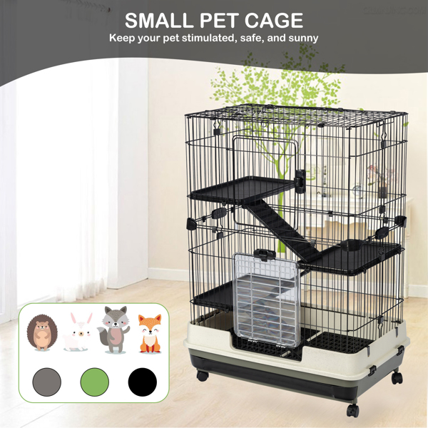 4-Tier 32"Small Animal Metal Cage Height Adjustable with Lockable Casters Grilles Pull-out Tray for Rabbit Chinchilla Ferret Bunny Guinea Pig Squirrel Hedgehog