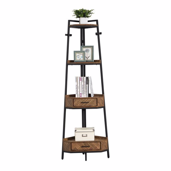 Corner Shelf with Two Drawers 72.64'' Tall, 4-tier Industrial Bookcase, Black