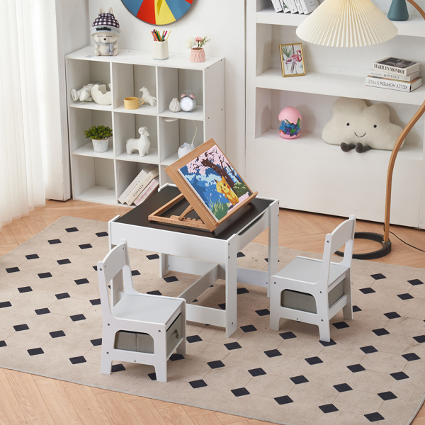 Children's Wooden Table And Chair Set With Two Storage Bags (One Table And Two Chairs) Grey And White