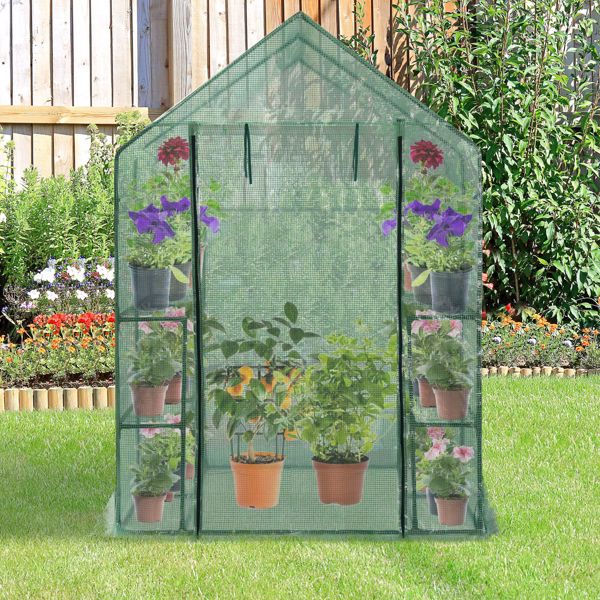 Green House 56" W x 56" D x 76" H,Walk in Outdoor Plant Gardening Greenhouse 2 Tiers 8 Shelves - Window and Anchors Include(Green)