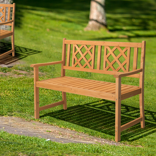 118*56.5*90cm Outdoor Garden Fir Grid Back Wooden Bench Burlywood