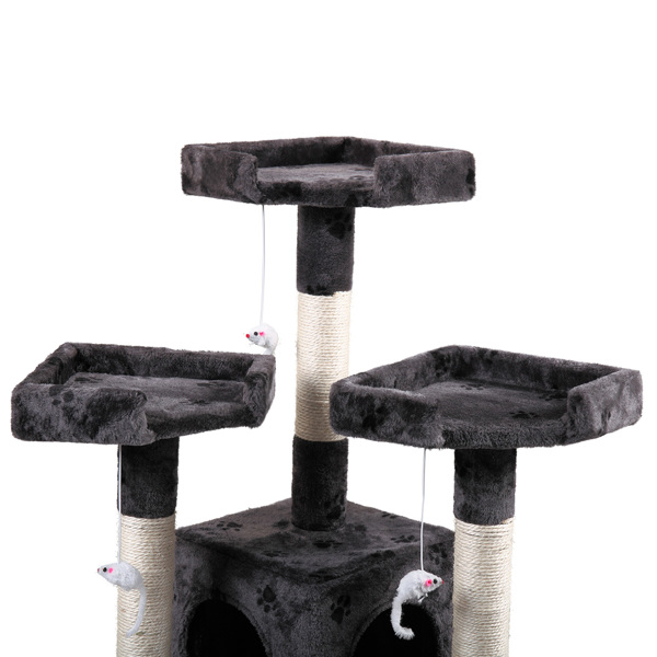 Multi-Level Cat Tree Tower House with Play Tunnel and Dangling Interactive Toy, Grey With Paw print