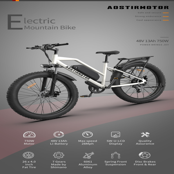 AOSTIRMOTOR Hot Fat Tire Adults Electric Bicycle 26 In. Electric Mountain Bike， 48V 13AH ，S07-G（White）