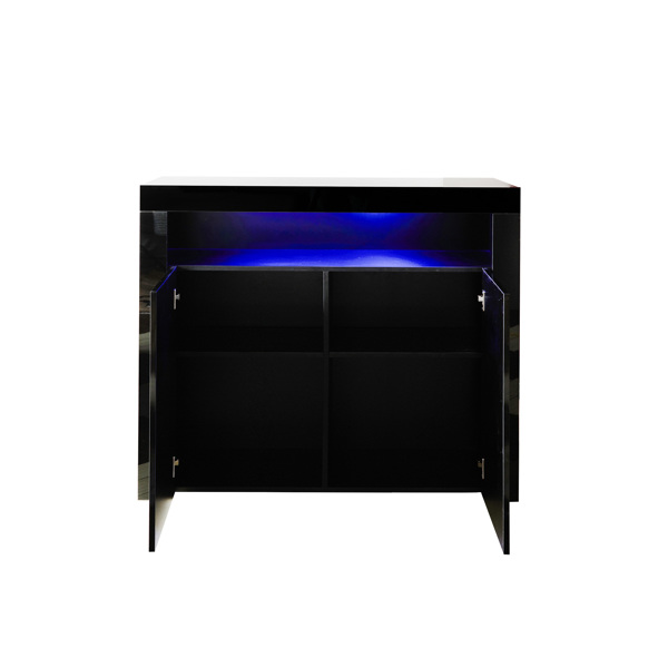 Living Room Sideboard Storage Cabinet Black High Gloss with LED Light, Modern Kitchen Unit Cupboard Buffet Wooden Storage Display Cabinet TV Stand with 2 Doors for Hallway Dining Room