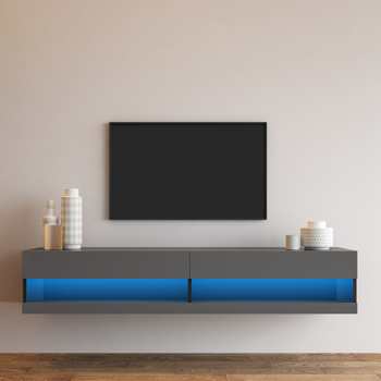 180 Wall Mounted Floating 80\\" TV Stand with 20 Color LEDs，black+grey
