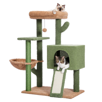 Cat Tree 41 Inches Cactus Cat Tower with Sisal Covered Scratching Post and Cozy Condo for Indoor Cats, Cat Climbing Stand with Plush Perch &Soft Hammock for Multi-Level Cat Play House