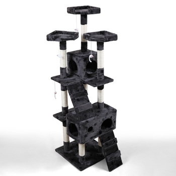 Multi-Level Cat Tree Tower House with Play Tunnel and Dangling Interactive Toy, Grey With Paw print
