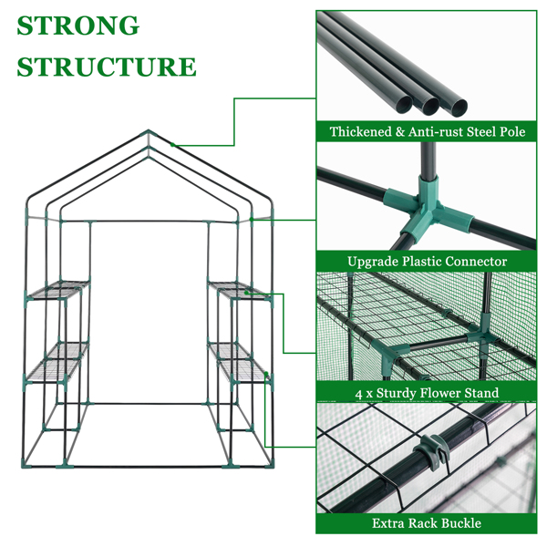143x143x195cm Black Iron Pipe Steeple With 8 Pieces Grid Flower Stand With Zipper Rolling Door PE Cloth Greenhouse