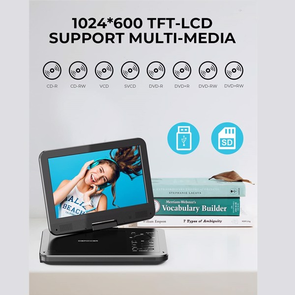 DBPOWER 12" Portable DVD Player with 10" Swivel Display Screen, 5-Hour Rechargeable Battery SD/ USB Port, with 1.8m Car Charger, Power Adaptor and Car Headrest Mount, Region-free 周末不处理订单