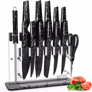 Knife Set, 16 Pcs Kitchen Knife Set, Sharp Stainless Steel Chef Knife Set with Acrylic Stand, Nonstick Knife Sets for Kitchen with Block - 6 Serrated Steak Knives, Scissors, Sharpening Steel, Black