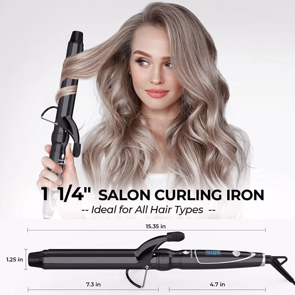 Curling Iron 1 1/4-inch Dual Voltage Instant Heat with Ceramic Coating, LED Display, 6 Temp Settings, Glove Included, Black