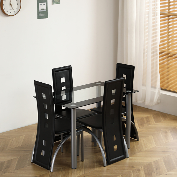 5 Pieces Dining Table Set for 4, Kitchen Room Tempered Glass Dining Table, 4 Chairs, Black，Table legs are black (Replacement code 82947862)