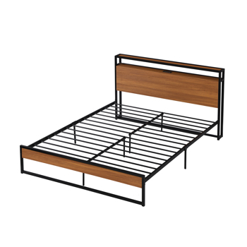 Queen Size Metal Platform Bed Frame with Sockets, USB Ports and Slat Support ,No Box Spring Needed Black