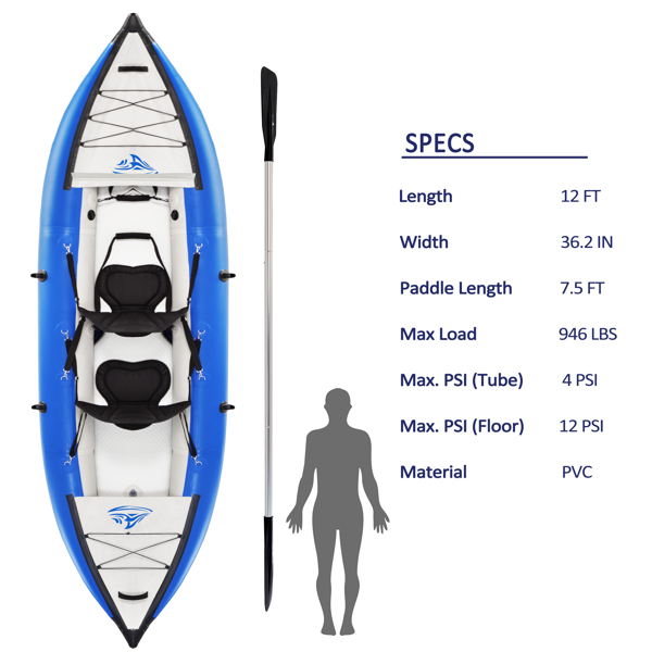 Inflatable Kayak Set with Paddle & Air Pump, Portable Recreational Touring Kayak Foldable Fishing Touring Kayaks, Tandem 2 Person Kayak