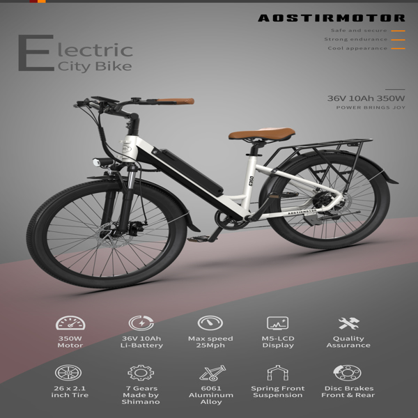 AOSTIRMOTOR 26" Tire 350W Electric Bike 36V 10AH Removable Lithium Battery City Ebike for Adults Girls G350 New Model 