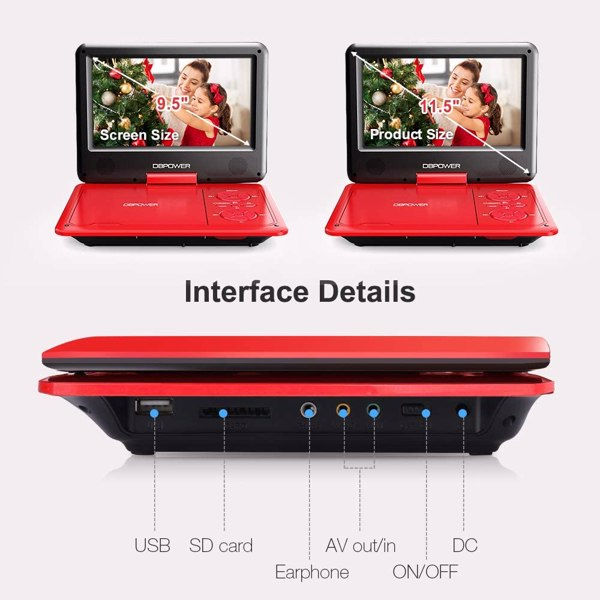 DBPOWER 11.5" Portable DVD Player with Swivel Screen9", 5-Hour Built-in Rechargeable Battery, Support CD/DVD/SD Card/USB, Remote Control, 1.8 Meter Car Charger, Power Adaptor, CHY-09, (FBA 发货，周末不发货)