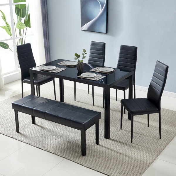 Simple Assembled Tempered Glass & Iron Dinner Table + 4pcs Elegant Assembled Stripping Texture High Backrest Dining Chairs Black 