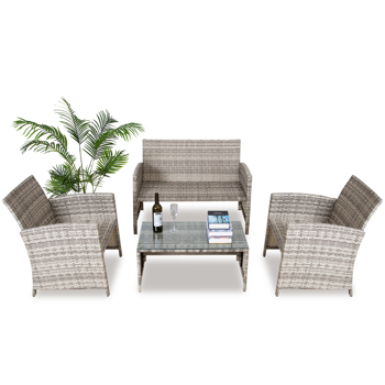 Patio Furniture 4 Pieces Conversation Sets Outdoor Wicker Rattan Chairs Garden Backyard Balcony Porch Poolside loveseat with Glass Coffee Table,Grey