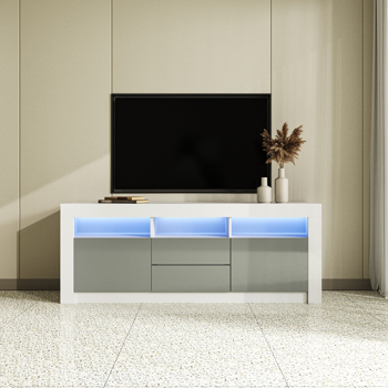 160 cm TV Unit Stand Cabinet Sideboard High Gloss Front LED Light Gray and White
