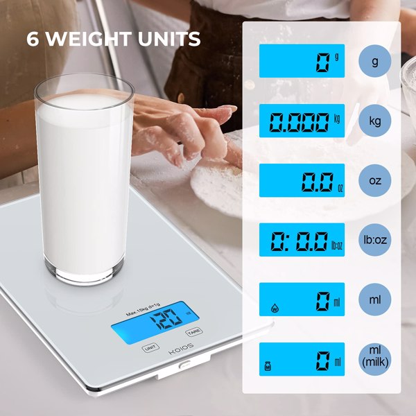 KOIOS USB Rechargeable Food Scale, 33lb/15Kg Kitchen Scale Digital Weight Grams and oz for Cooking Baking, Precise Graduation, Waterproof , 6 Weight Units, Tare Function, White, 周末不发货
