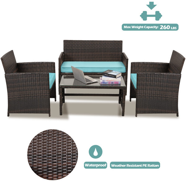 Cpintltr 4 Pieces Outdoor Wicker Furniture Sets PE Rattan Chair Patio Conversation Sets with Soft Cushions and Glass Tabletop Poolside Lawn Chairs for Balcony Garden Backyard Porch Teal(4)
