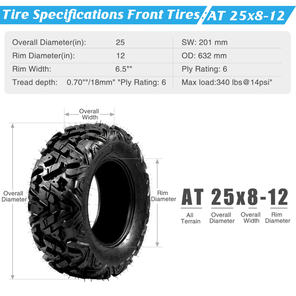 Complete Set of 4 All Terrain ATV UTV Tires 25x8-12 Front & 25x10-12 Rear 6PR Tubeless