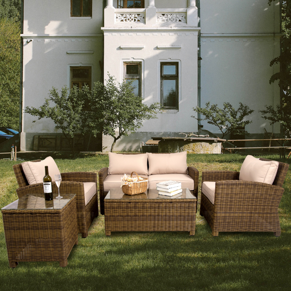 5 Pieces Patio Furniture Set Outdoor Conversation Furniture Sets with Glass Tables Soft Cushion Sectional Sofa Sets PE Rattan Chairs for Bistro Garden Backyard Lawn Poolside Balcony Khaki