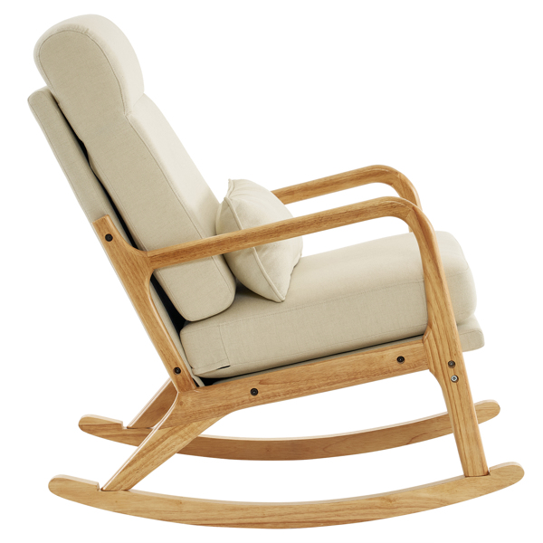 100*65*101cm High Back Belt Waist Pillow Log Color Solid Wood Armrest Backrest Seat Frame Iron Frame  Indoor Rocking Chair/armchair dual use Off-white Linen