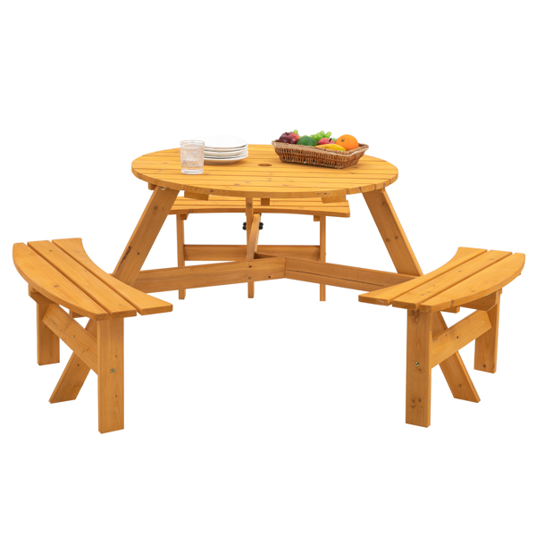 6-Person Circular Outdoor Wooden Picnic Table for Patio, Backyard, Garden, DIY w/ 3 Built-in Benches, 1720lb Capacity - Natural