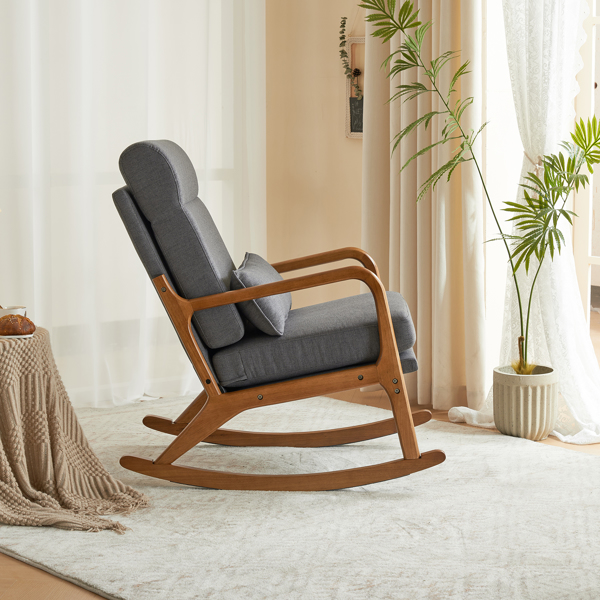 100*65*101cm High Back Belt Waist Pillow Log Color Solid Wood Armrest Backrest Seat Frame Iron Frame  Indoor Rocking Chair/armchair dual use Dark Gray Linen