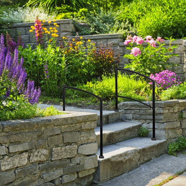 Artisasset Outdoor 1-3 Steps Adjustable Wrought Iron Handrails Black 