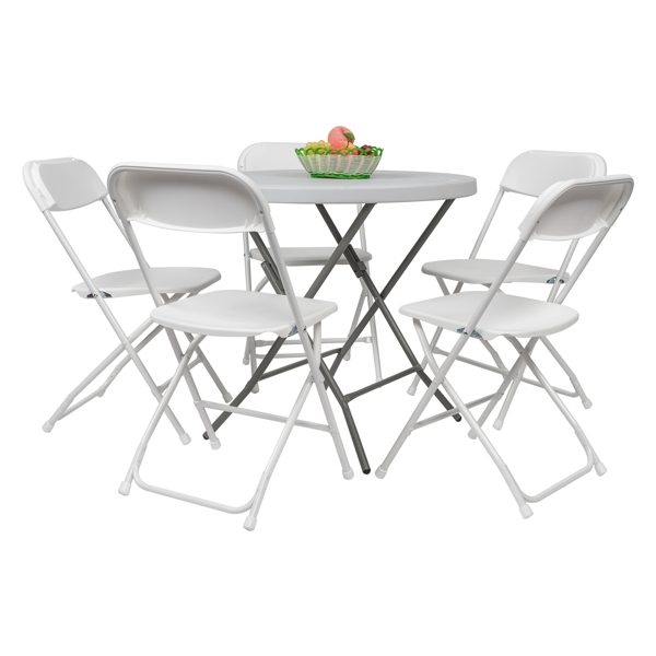 5 Pack White Plastic Folding Chair, Indoor Outdoor Portable Stackable Commercial Seat with Steel Frame 260lb. Capacity for Events Office Wedding Party Picnic Kitchen Dining（NOT INCLUDE TABLE）