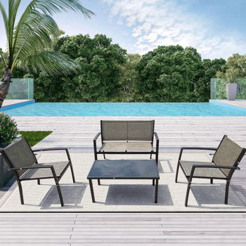 4 Pieces Patio Furniture Set Outdoor Garden Patio Conversation Sets Poolside Lawn Chairs with Glass Coffee Table Porch Furniture (Grey)