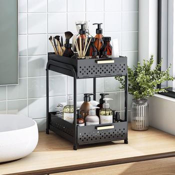 Double Under Sink Storage Rack Kitchen Under Counter Storage Rack Bathroom Under Cabinet Storage Rack Sliding Basket Storage Rack Cosmetic Storage Black