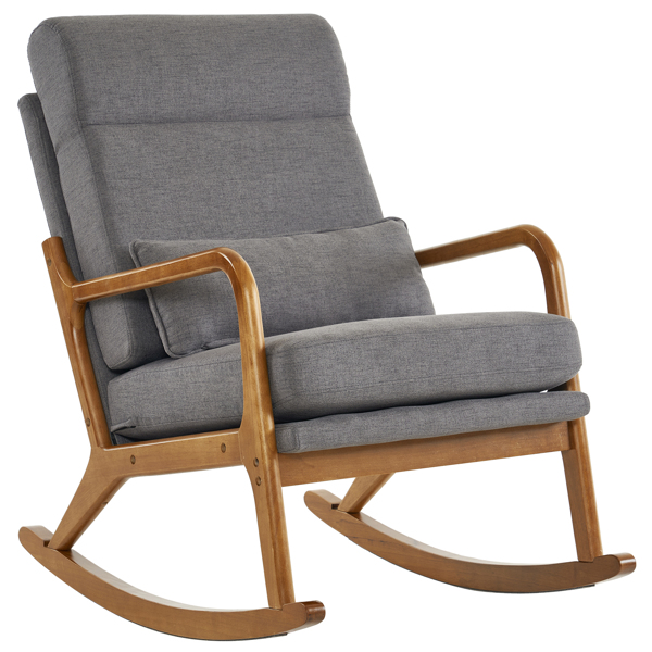100*65*101cm High Back Belt Waist Pillow Log Color Solid Wood Armrest Backrest Seat Frame Iron Frame  Indoor Rocking Chair/armchair dual use Dark Gray Linen
