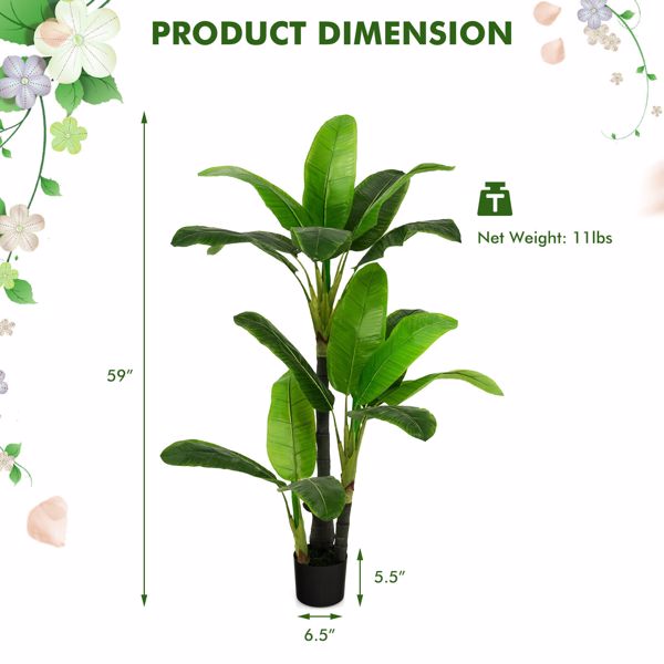 5 FT Artificial Tree Fake Banana Plant Faux Tropical Tree Artificial Leaves in Pot for Indoor Outdoor Home Patio Office Modern Decor