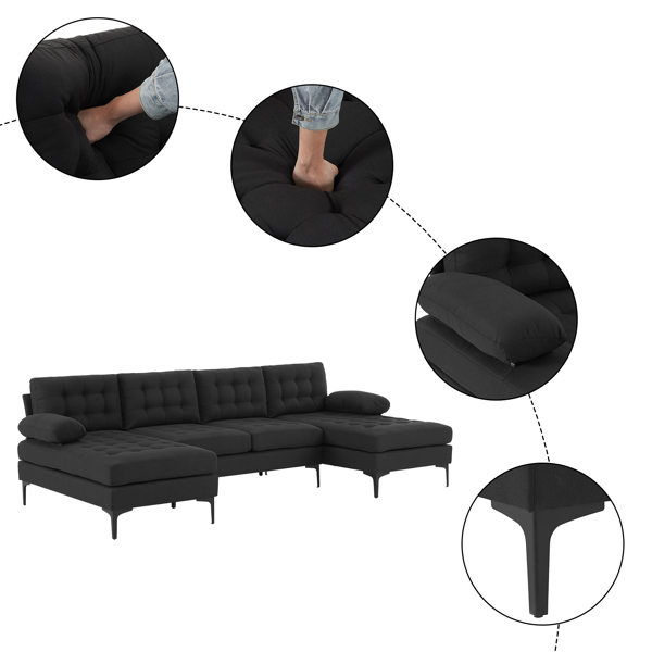 U-shaped Soft-Covered Armrest Backrest Seat Pull Point Wooden Frame Iron Frame Black Feet Indoor Sectional Sofa Black