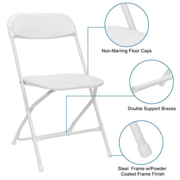 5 Pack White Plastic Folding Chair, Indoor Outdoor Portable Stackable Commercial Seat with Steel Frame 260lb. Capacity for Events Office Wedding Party Picnic Kitchen Dining（NOT INCLUDE TABLE）