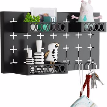 Metal Key Hooks with 3 Adjustable Baskets and 3 Hooks, Pegboards for wall Organizer