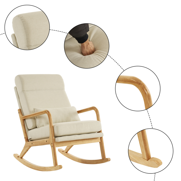 100*65*101cm High Back Belt Waist Pillow Log Color Solid Wood Armrest Backrest Seat Frame Iron Frame  Indoor Rocking Chair/armchair dual use Off-white Linen