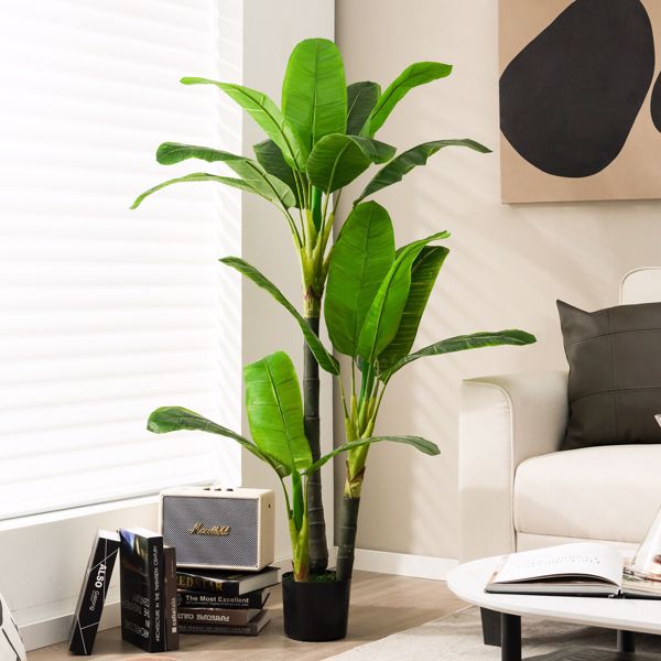 5 FT Artificial Tree Fake Banana Plant Faux Tropical Tree Artificial Leaves in Pot for Indoor Outdoor Home Patio Office Modern Decor