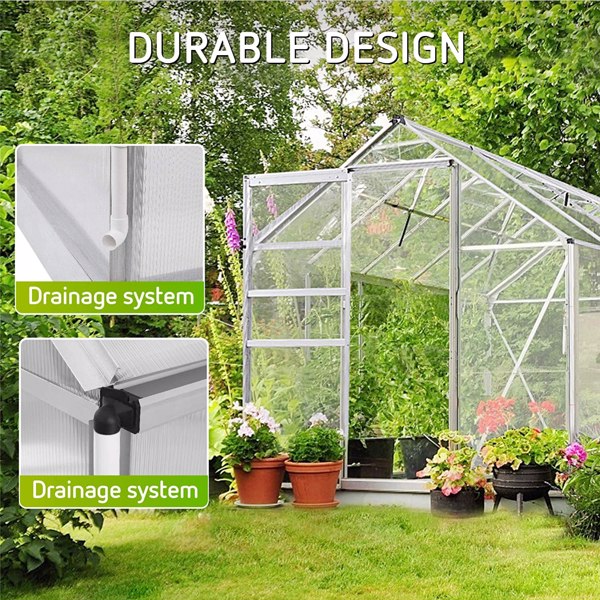 Outdoor 8 x 6FT Hybrid Polycarbonate Greenhouse 2 Vent Window with Lockable Hinged Door Walk-in Hobby Greenhouse Aluminum Hot House for Outdoor Garden Backyard Silver [Sale to Temu is Banned.Weekend c