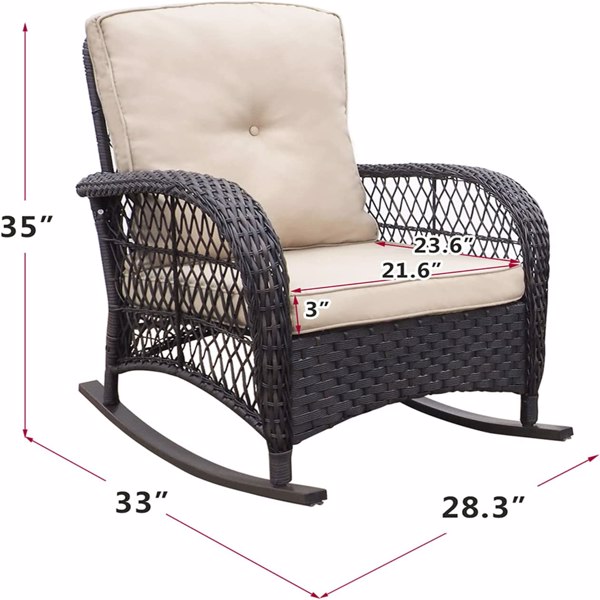 Outdoor Patio Wicker Rocker Chair, Porch Rattan Rocking Chair with Soft Cushions, Khaki