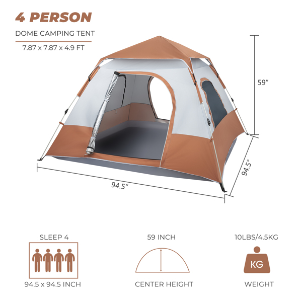 240*240*150cm Spring Quick Opening Four-Person Family Tent Camping Tent Brown
