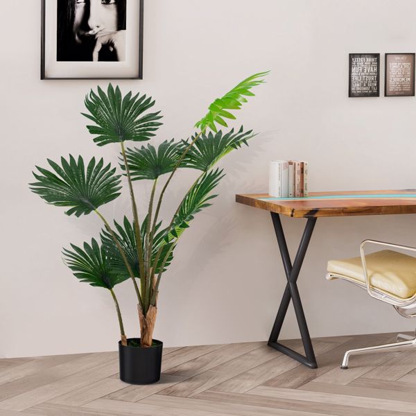  4FT Artificial Tree Artificial Fan Palm Tree Faux Tropical Tree Artificial Leaves in Pot for Indoor Outdoor Home Patio Office Modern Decor