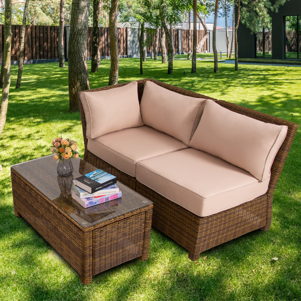 Outdoor Patio Furniture Set Upholstered Corner Sofa Armless Sofa Small Patio Couch All Weather PE Wicker Sofas Balcony Couch Sectional Sofa Bistro Set with Beige Cushion