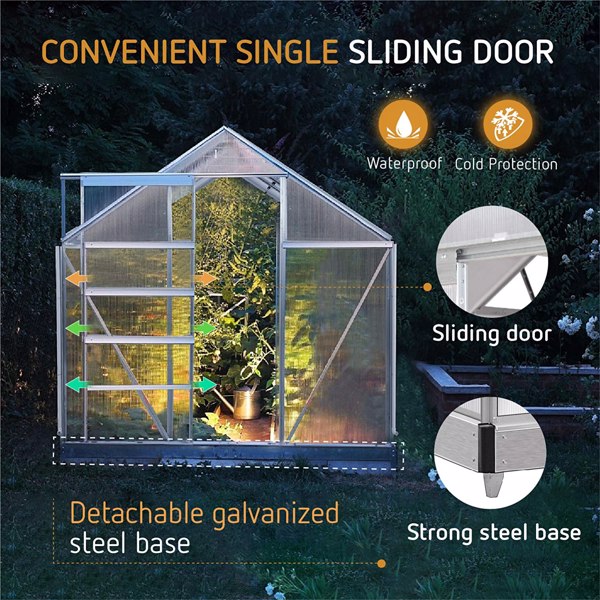 Outdoor 8 x 6FT Hybrid Polycarbonate Greenhouse 2 Vent Window with Lockable Hinged Door Walk-in Hobby Greenhouse Aluminum Hot House for Outdoor Garden Backyard Silver [Sale to Temu is Banned.Weekend c